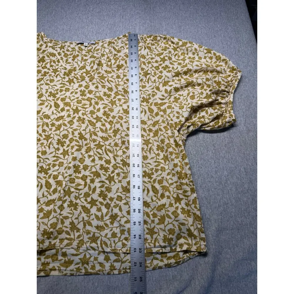Madewell V Neck Batik Vine Mustard Tan Cotton Boho Prairie Puff Sleeve Size XL